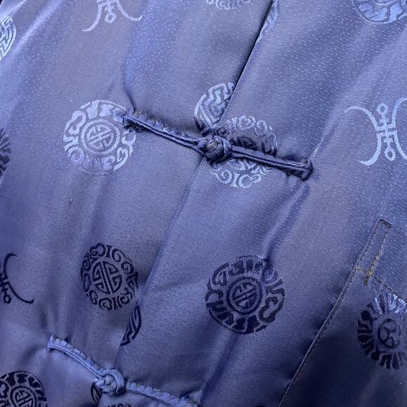 Vintage Blue Kimono Brocade Oriental Puffer Coat Smoking Jacket XL Chinese - Picture 5 of 15